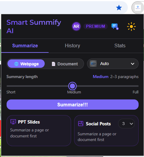 Smart Summify main screen with summary controls.