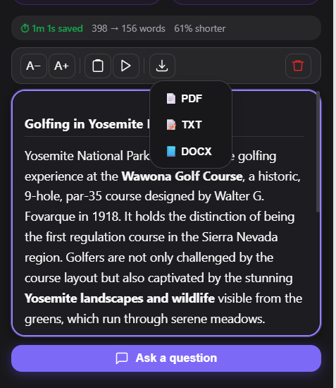 Export options including PDF, Word, and other formats.
